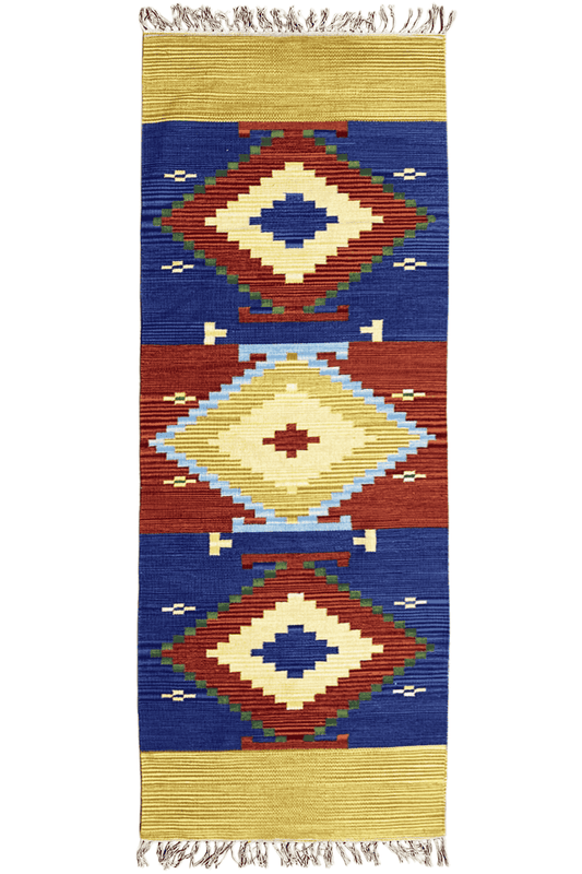 Handgewebter Wollen Kelim Dhurrie Läufer - 250x80cm (8.2x2.6ft) - Geometrisches Indisches Design - German Carpet Shop