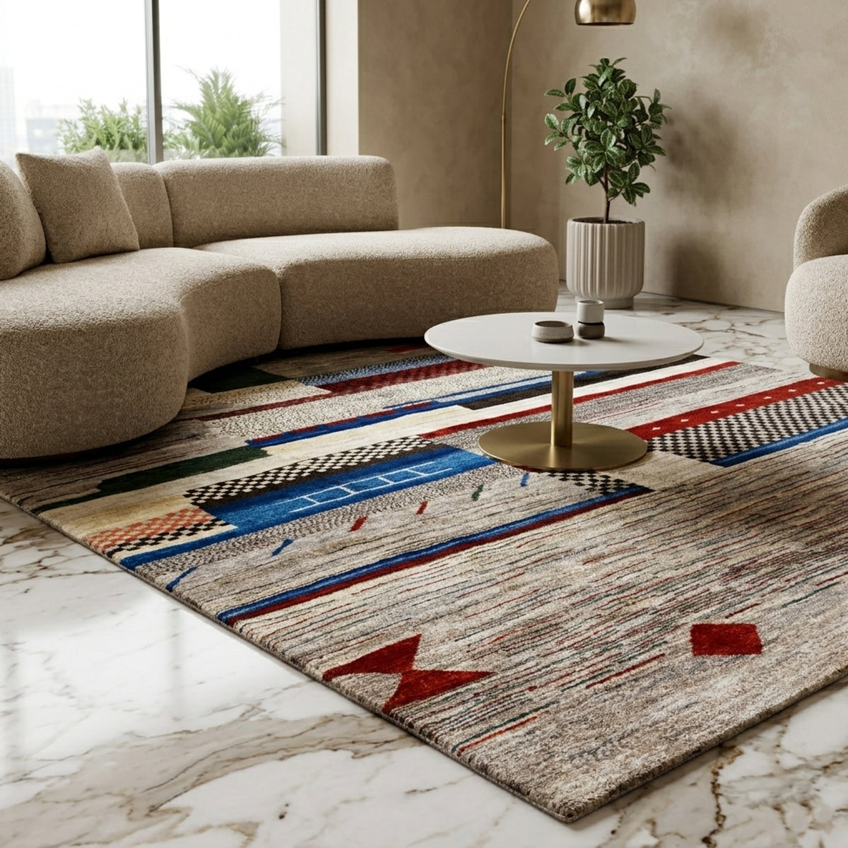 Gabbeh-Teppich mit abstraktem Streifen- und Rautenmotiv in Beige, Blau und Rot