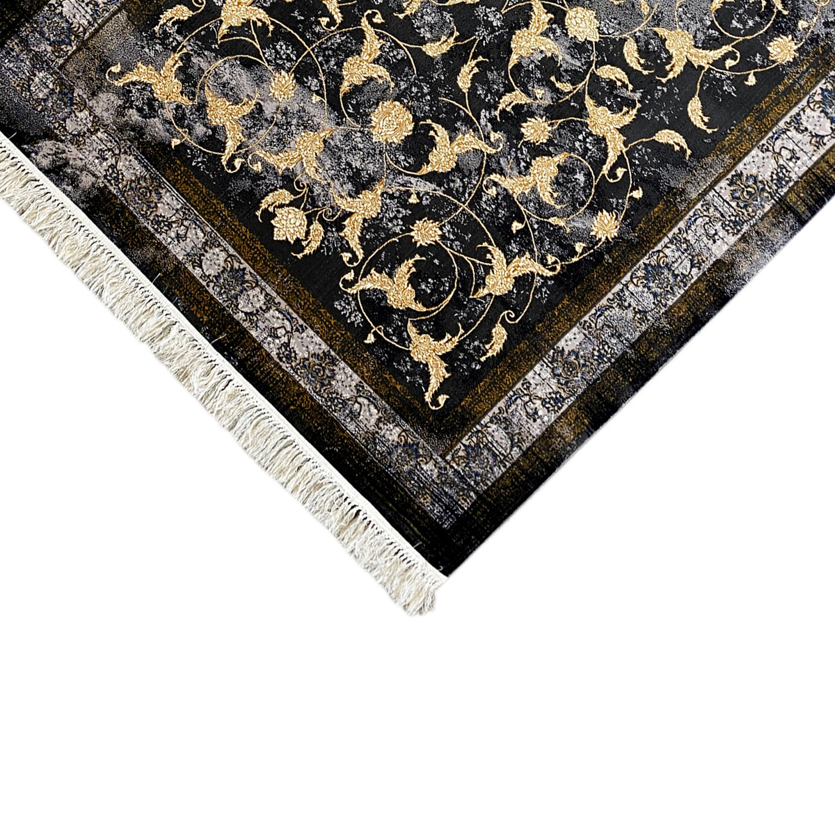 Kenza-tapijt 160x230 cm: hoek met gouden ornamenten en witte franjes