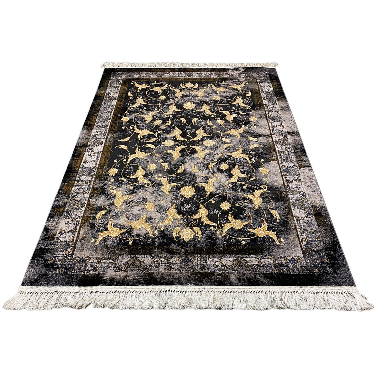 Kenza-tapijt 160x230 cm: volledig tapijt met gouden ornamenten en franjesrand