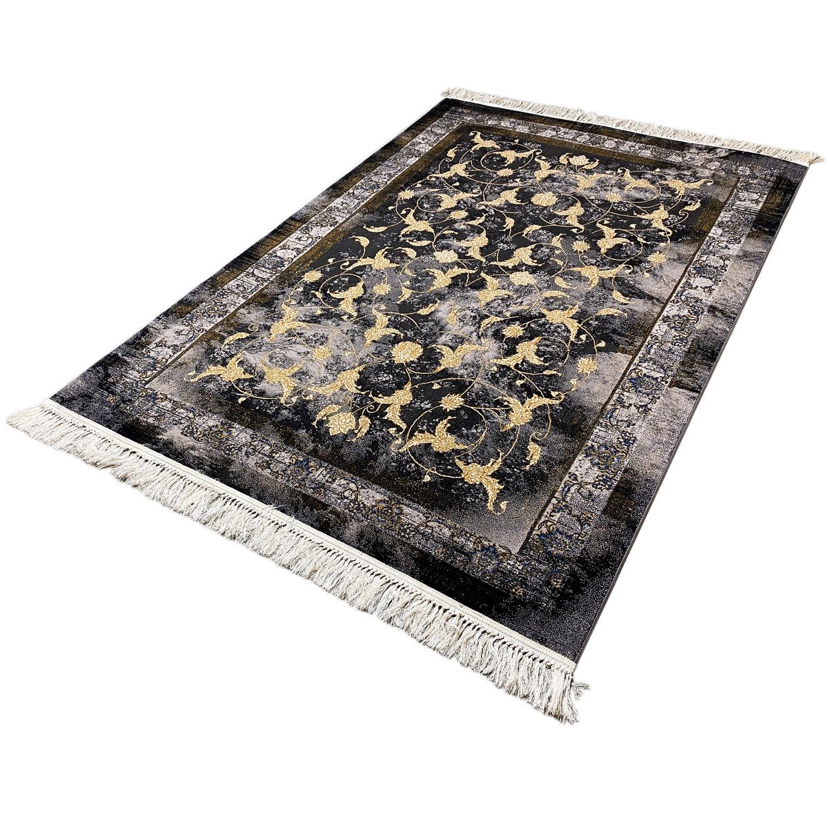 Kenza-tapijt 160x230 cm: rechthoekig, donkere ondergrond, gouden patronen, franjes