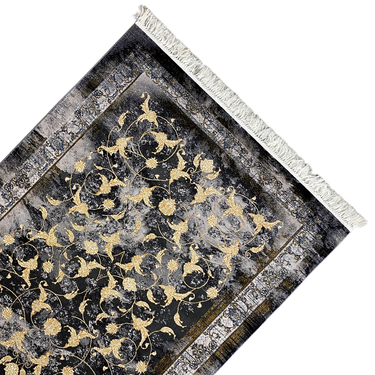 Kenza-tapijt 160x230 cm, diagonale weergave: donkere pool met gouden versieringen