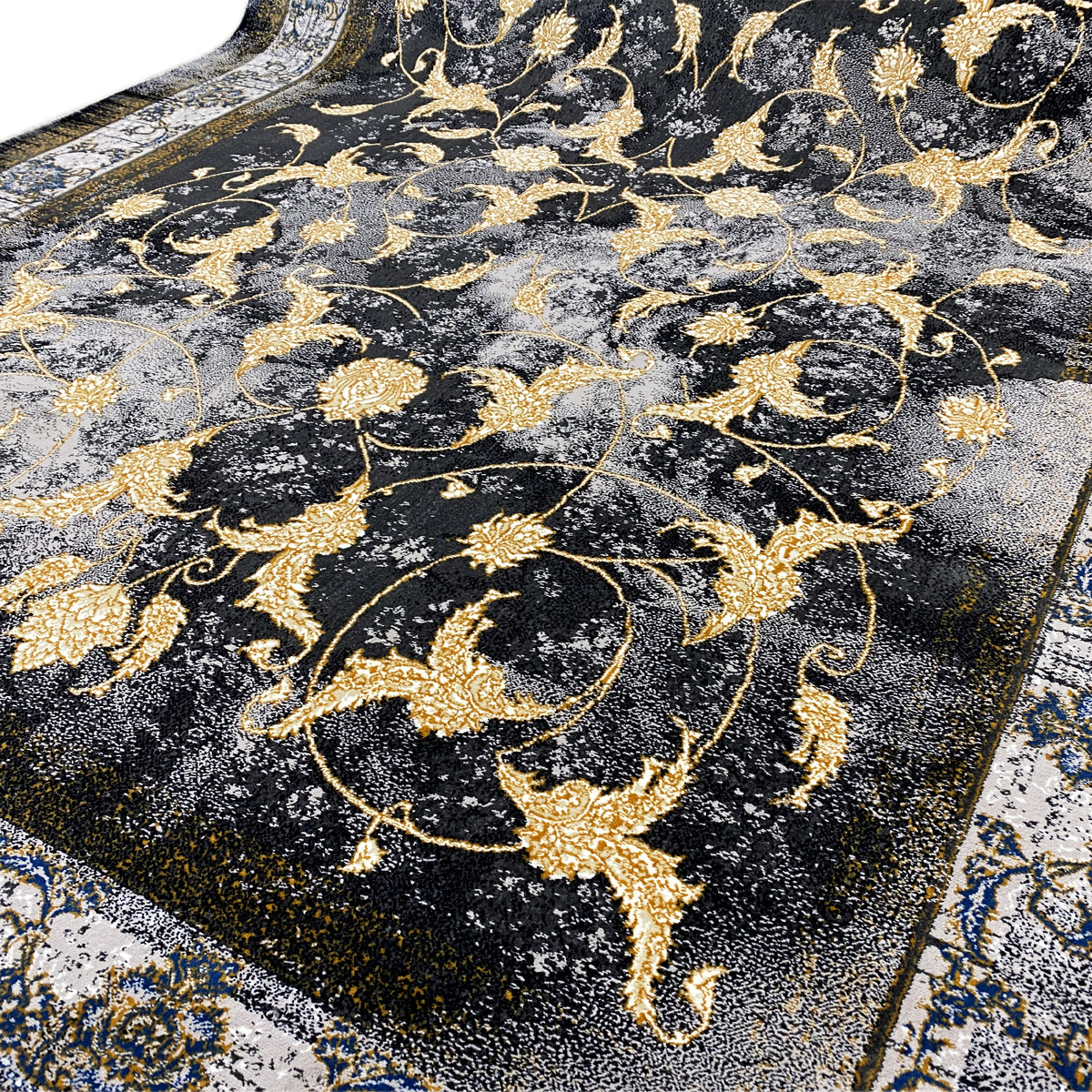 Vloerkleed 160x230 cm, close-up van gouden ranken en florale ornamenten op een donkere ondergrond