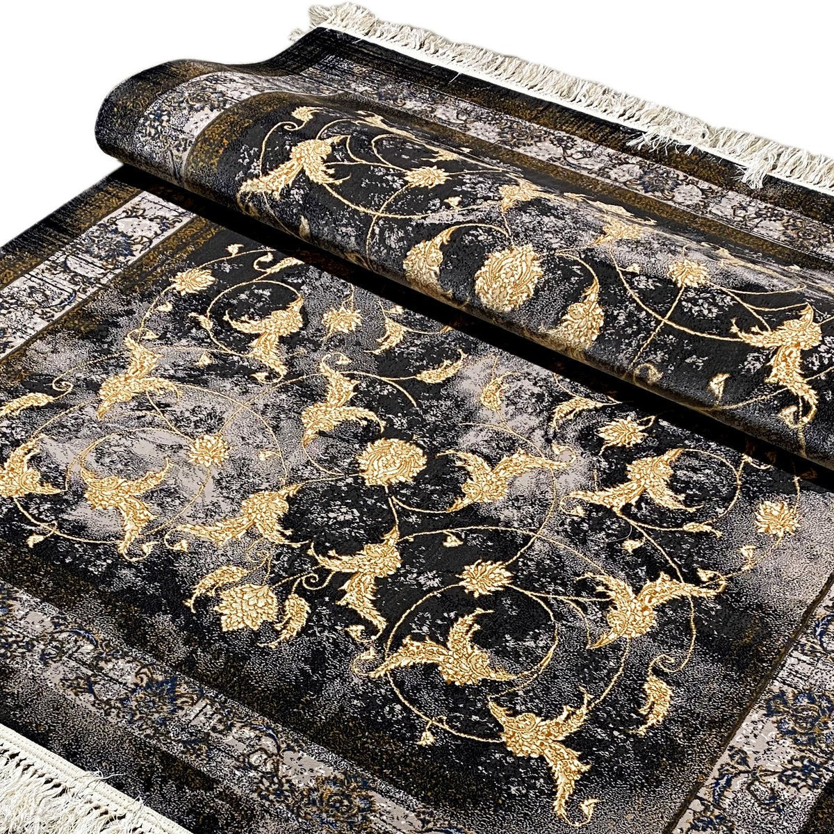 Tapijt 160x230 cm: donkere pool met goudkleurig barokpatroon en franjes