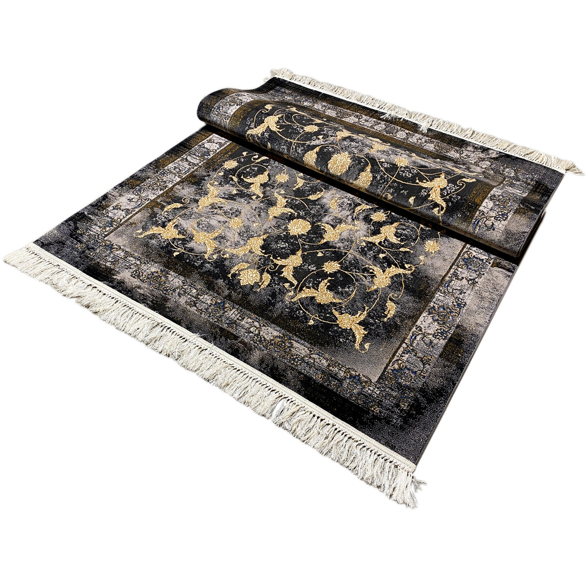 Kenza-vloerkleed 160x230 cm: opgerold, donker patroon met gouden ornamenten, franjes