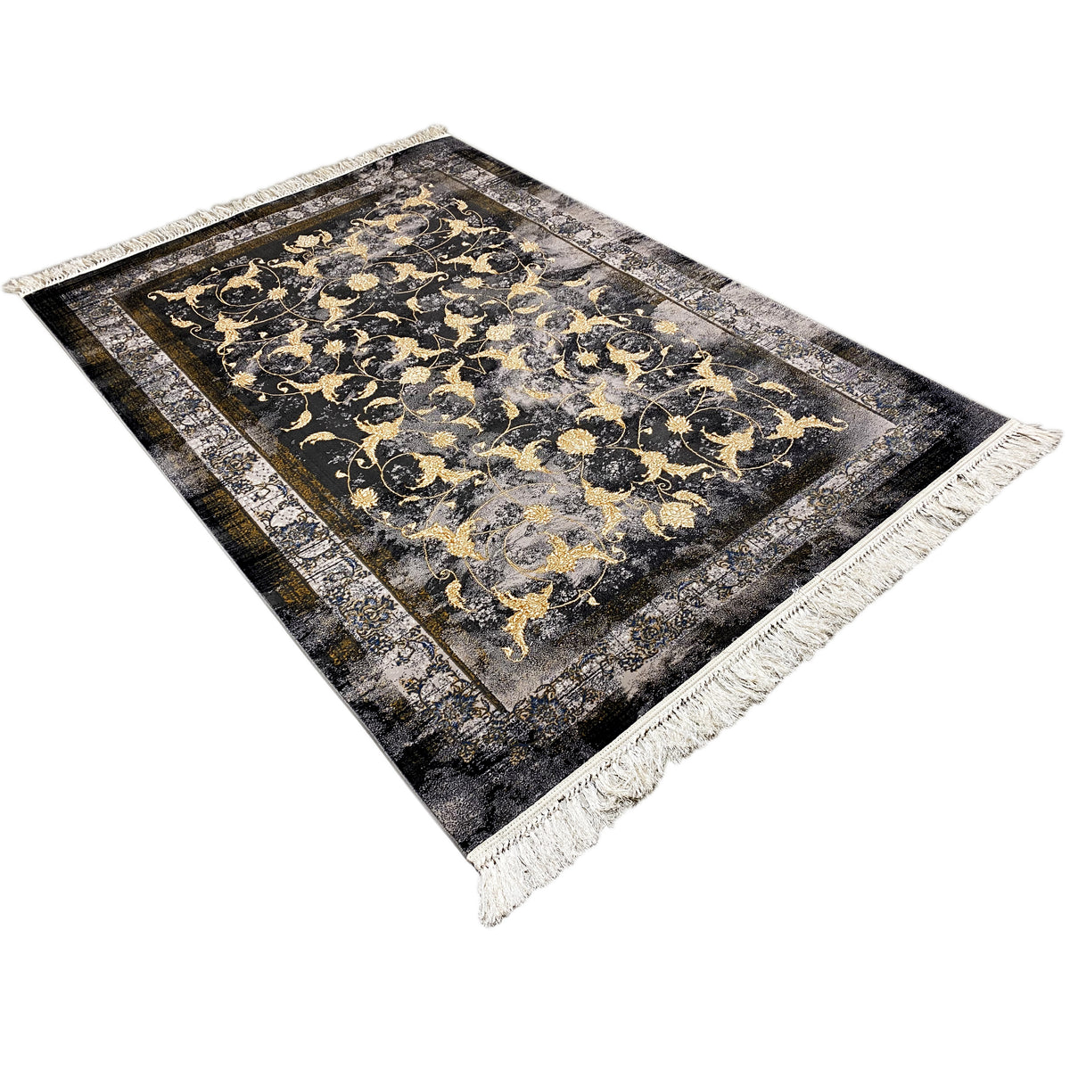 Kenza-tapijt 160x230 cm: schuin geplaatst, gouden barokornamenten, franjes