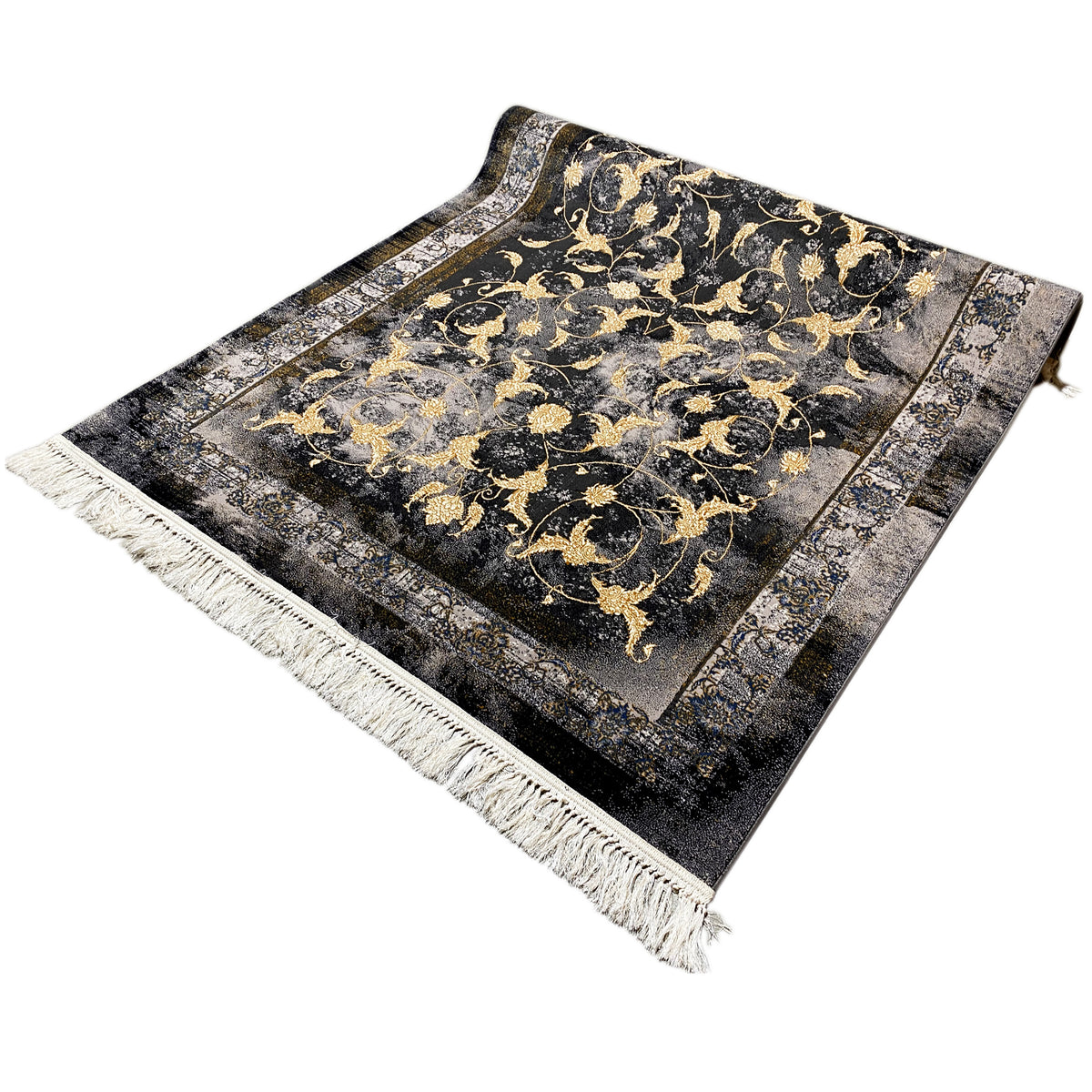 Vloerkleed 160x230 cm, zwart-donkergrijs met goudkleurig ornamentenpatroon en franjes