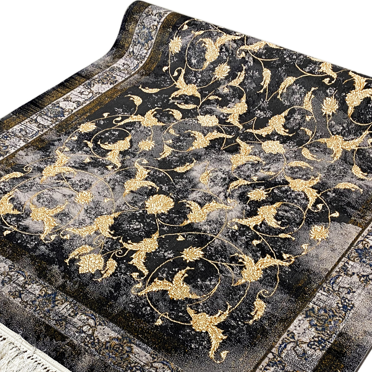Vloerkleed 160x230 cm in detail: gouden ornamenten op een donkere, gemêleerde ondergrond