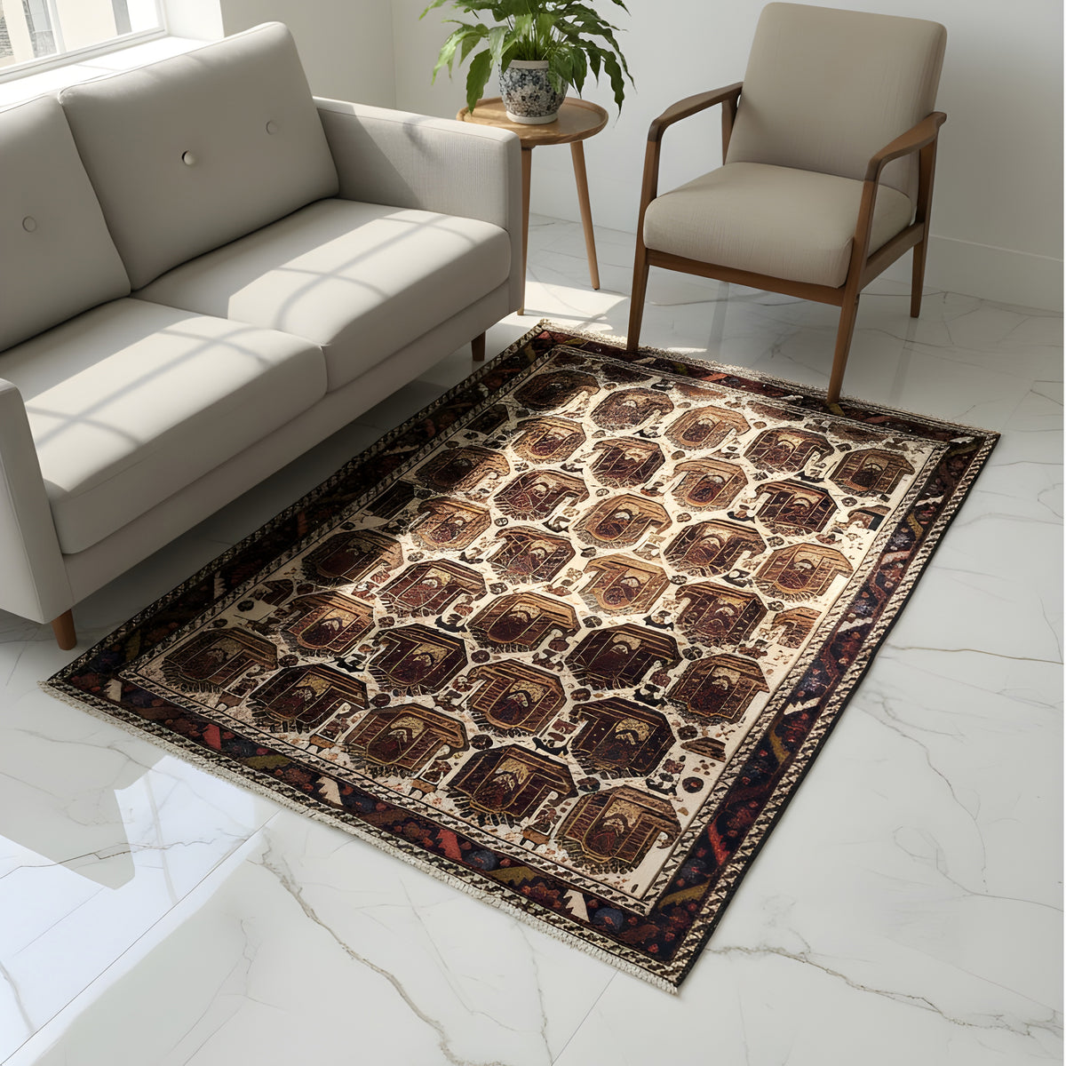 Shahre-Babak-tapijt 154x105 cm uitgespreid op tegels, met tegelornamenten en rand