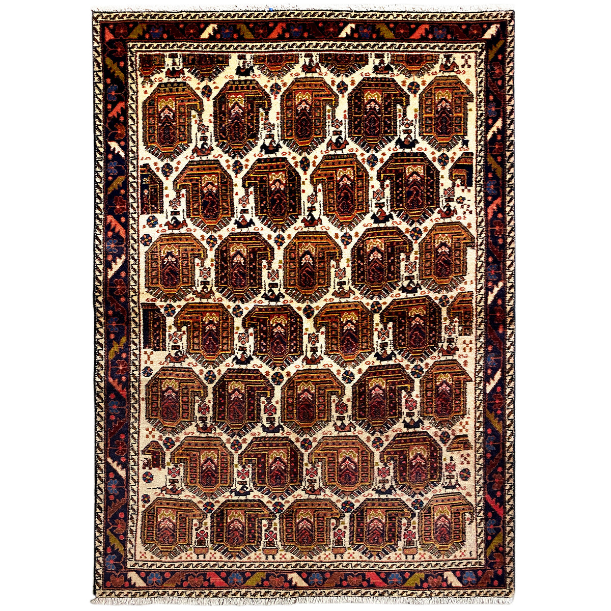 Shahre Babak-tapijt (154x105 cm), volledig tapijt met medaillons in een raster en een donkere rand