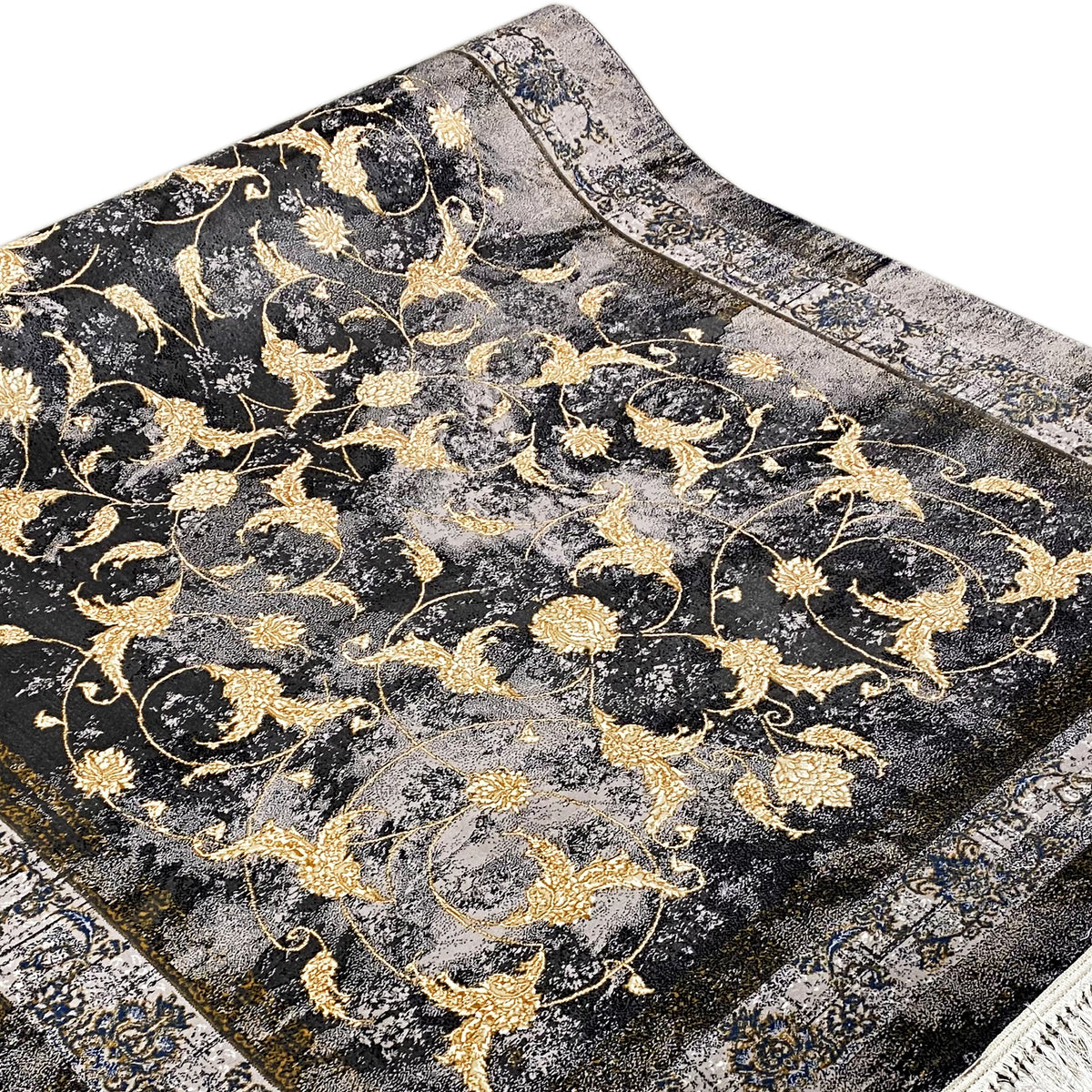 Tapijt 160x230 cm: gouden ranken op een donkere achtergrond met een brede sierrand