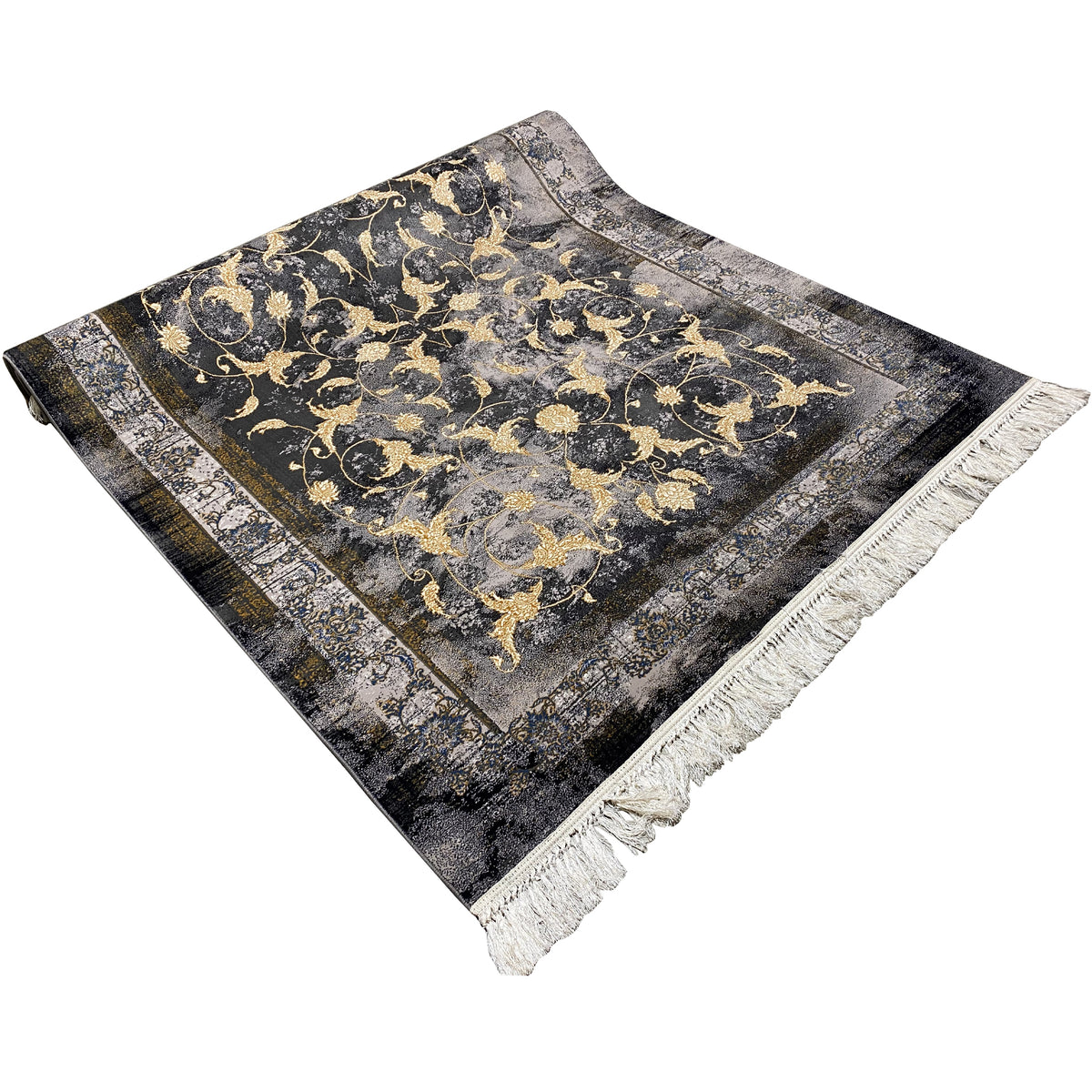 Tapijt 160x230 cm met goudkleurig barokornament, rand met boord en franjes