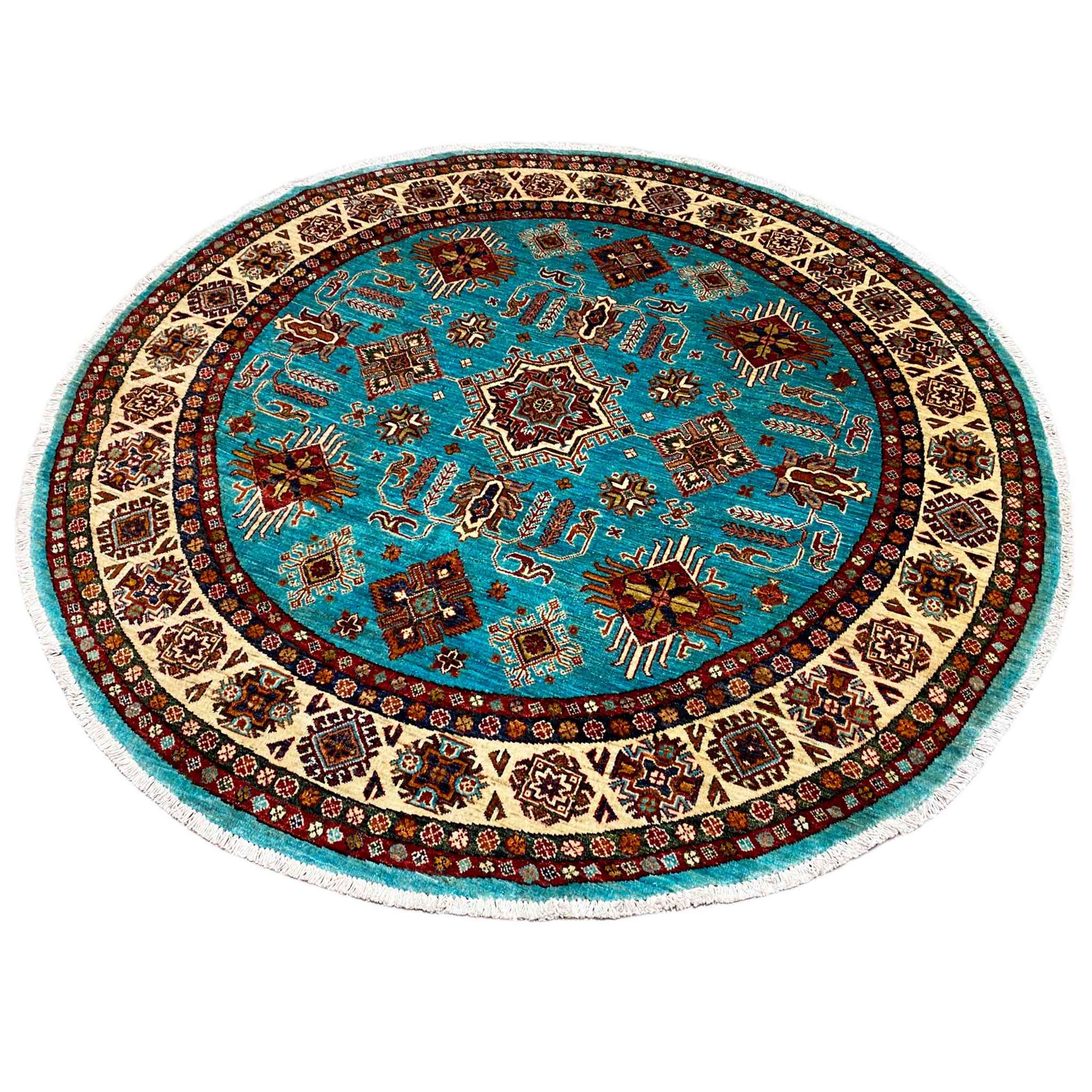 Türkisfarbener Runder Kazak Teppich, 184x185 cm - German Carpet Shop