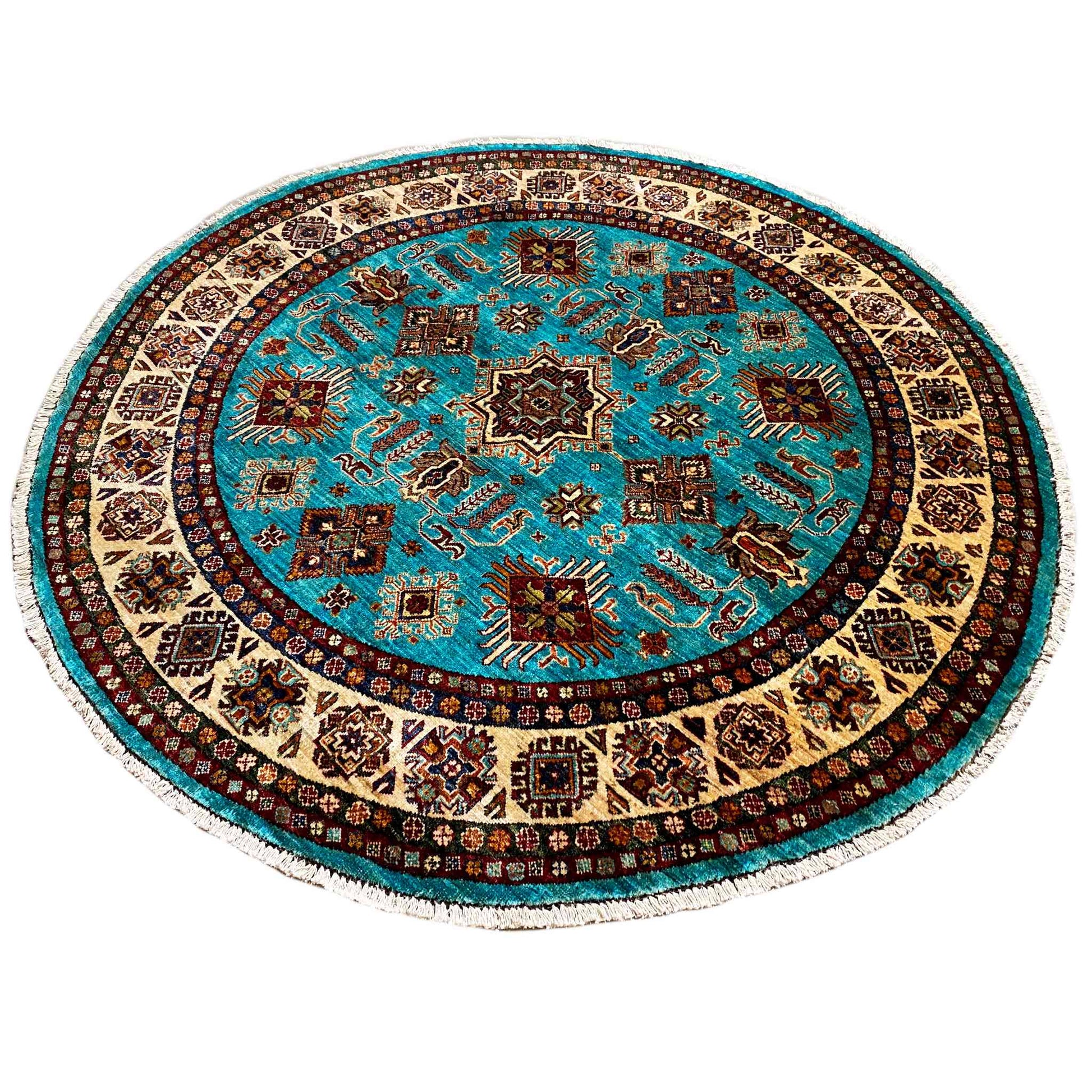 Türkisfarbener Runder Kazak Teppich, 177x180 cm - German Carpet Shop