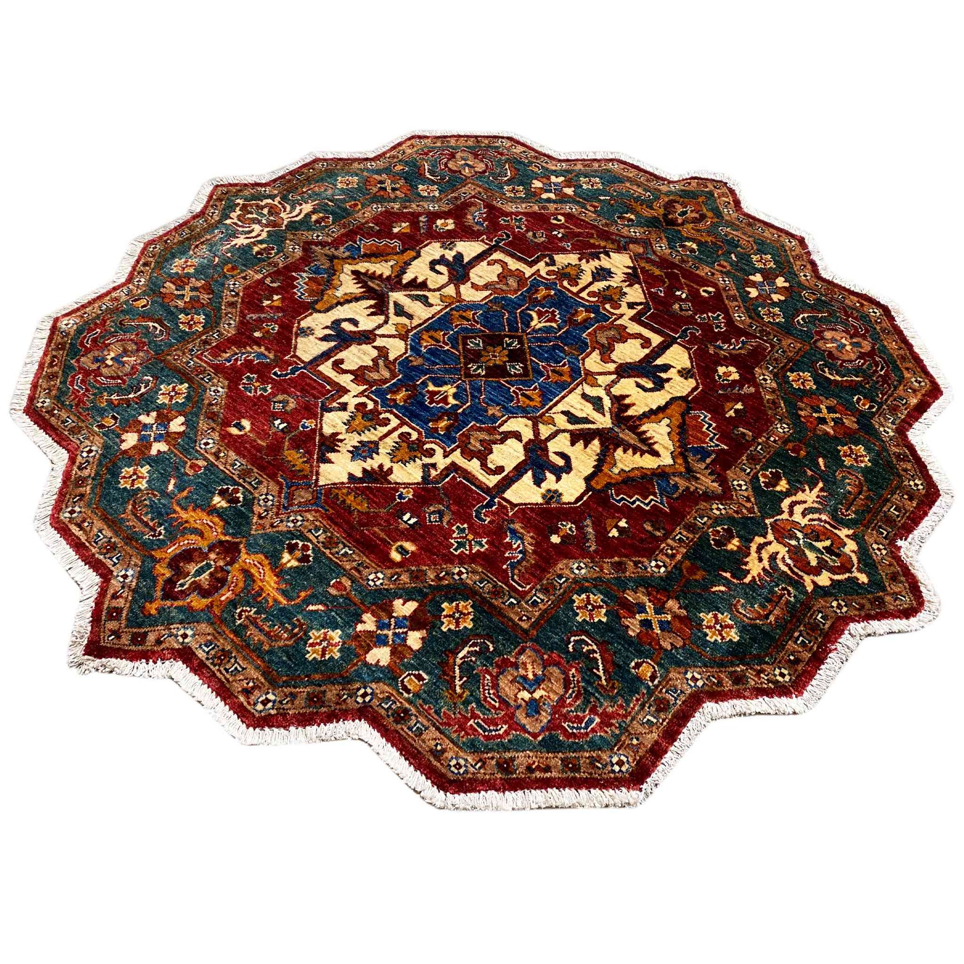 Roter & Blauer Achteckiger Kazak Teppich, 150x150 cm - German Carpet Shop