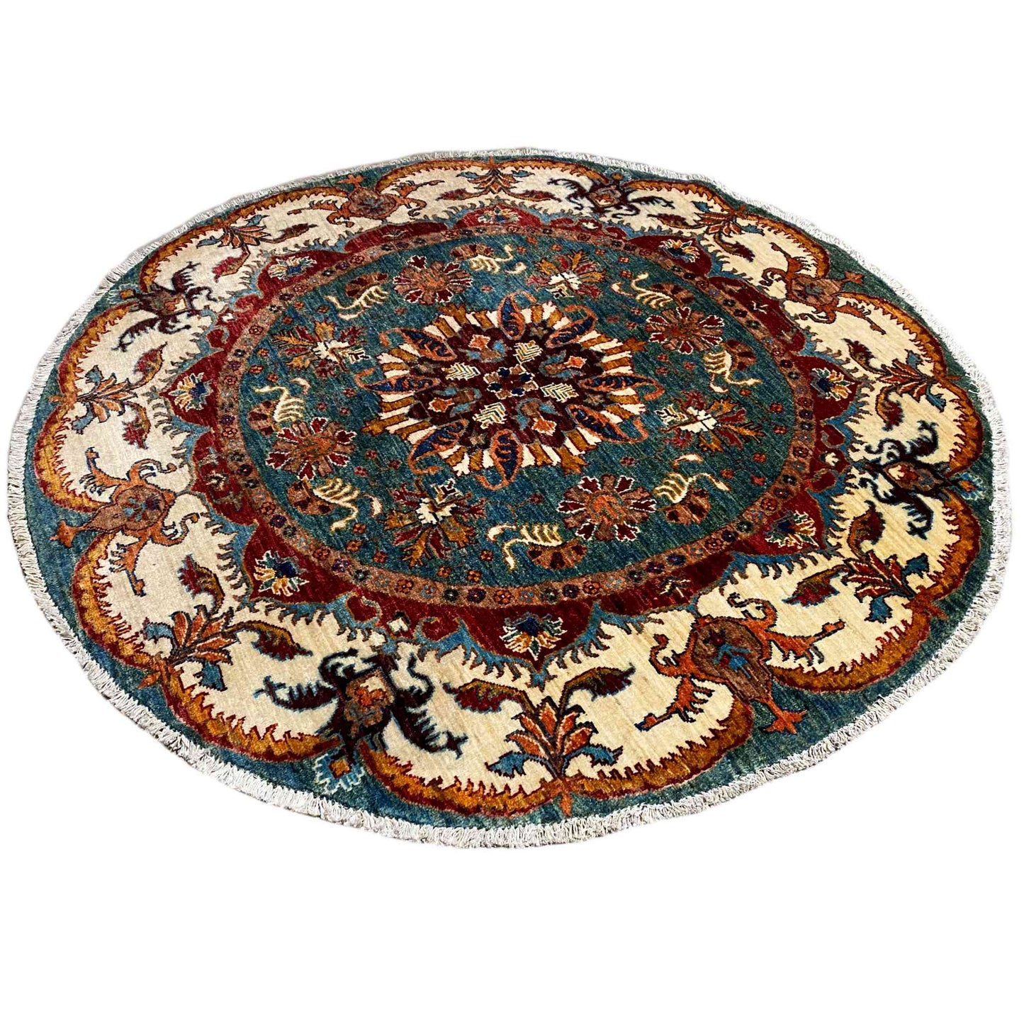 Blaugrüner & Beiger Runder Kazak Teppich, 150x145 cm - German Carpet Shop