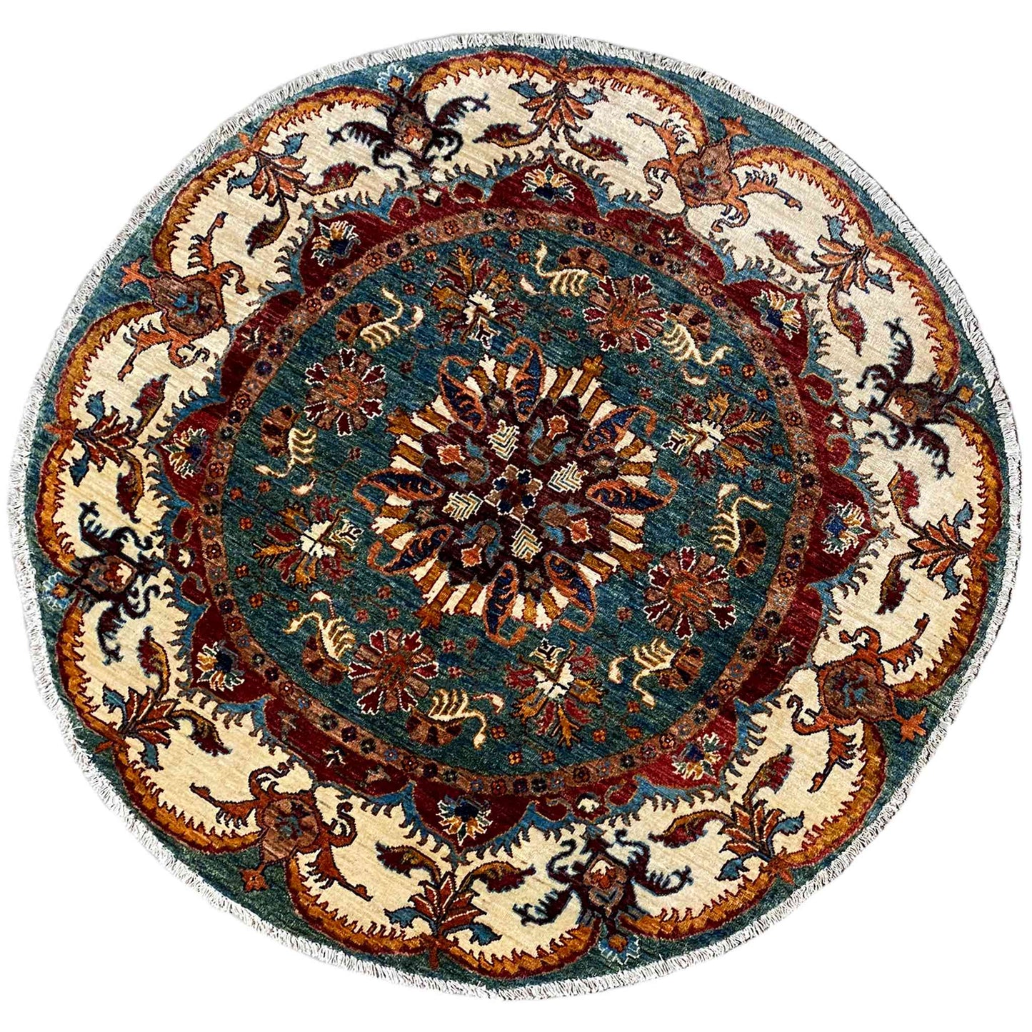 Blaugrüner & Beiger Runder Kazak Teppich, 150x145 cm - German Carpet Shop