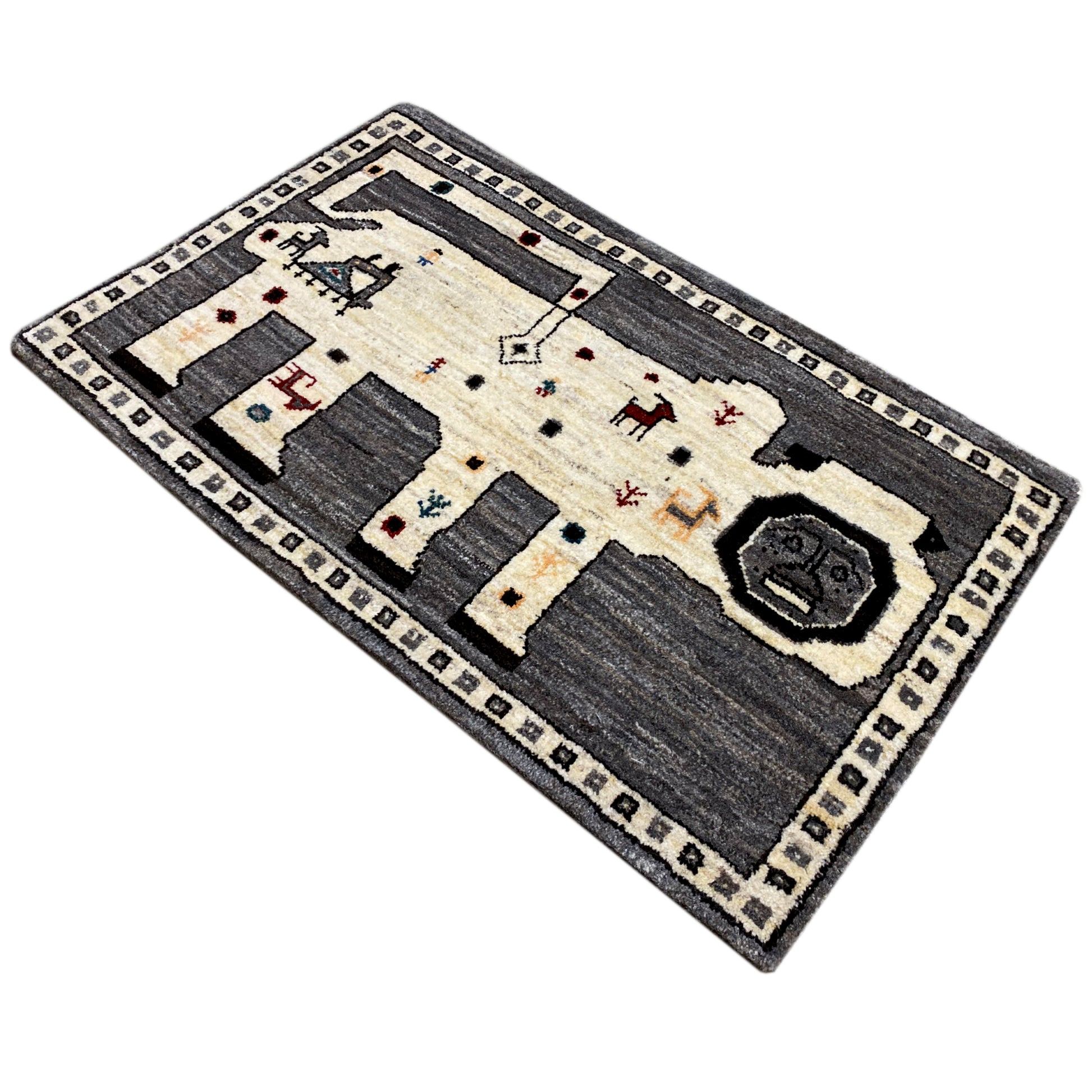 Grauer Gabbeh Teppich Löwe 90x75 cm - German Carpet Shop