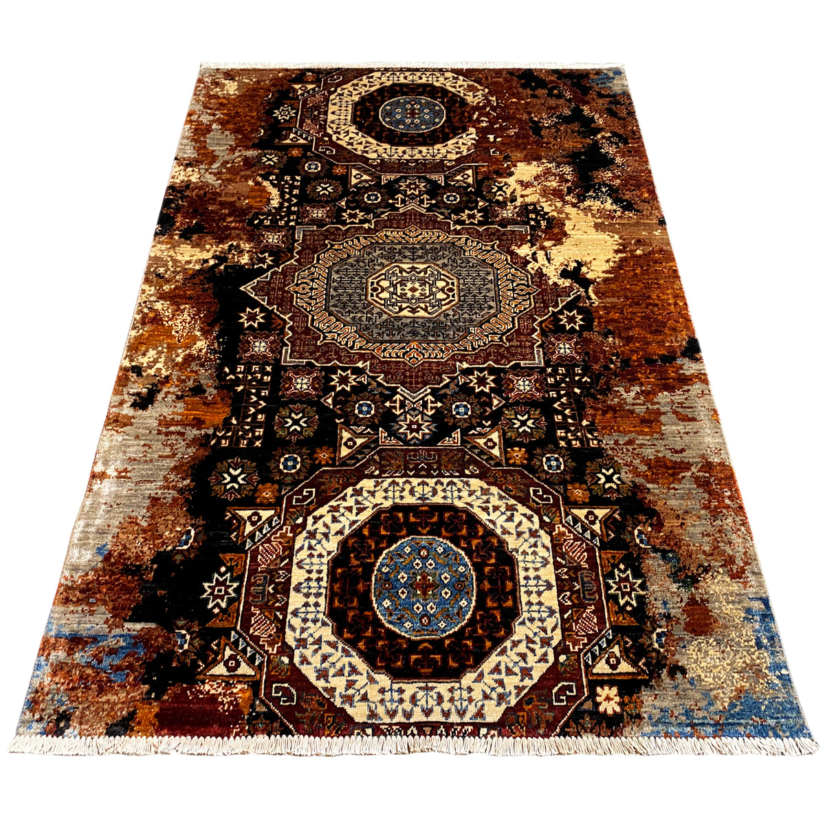 Mamluk-tapijt 184x124 cm, aardse kleuren: medaillons, ornamenten en franjes aan de zijkanten