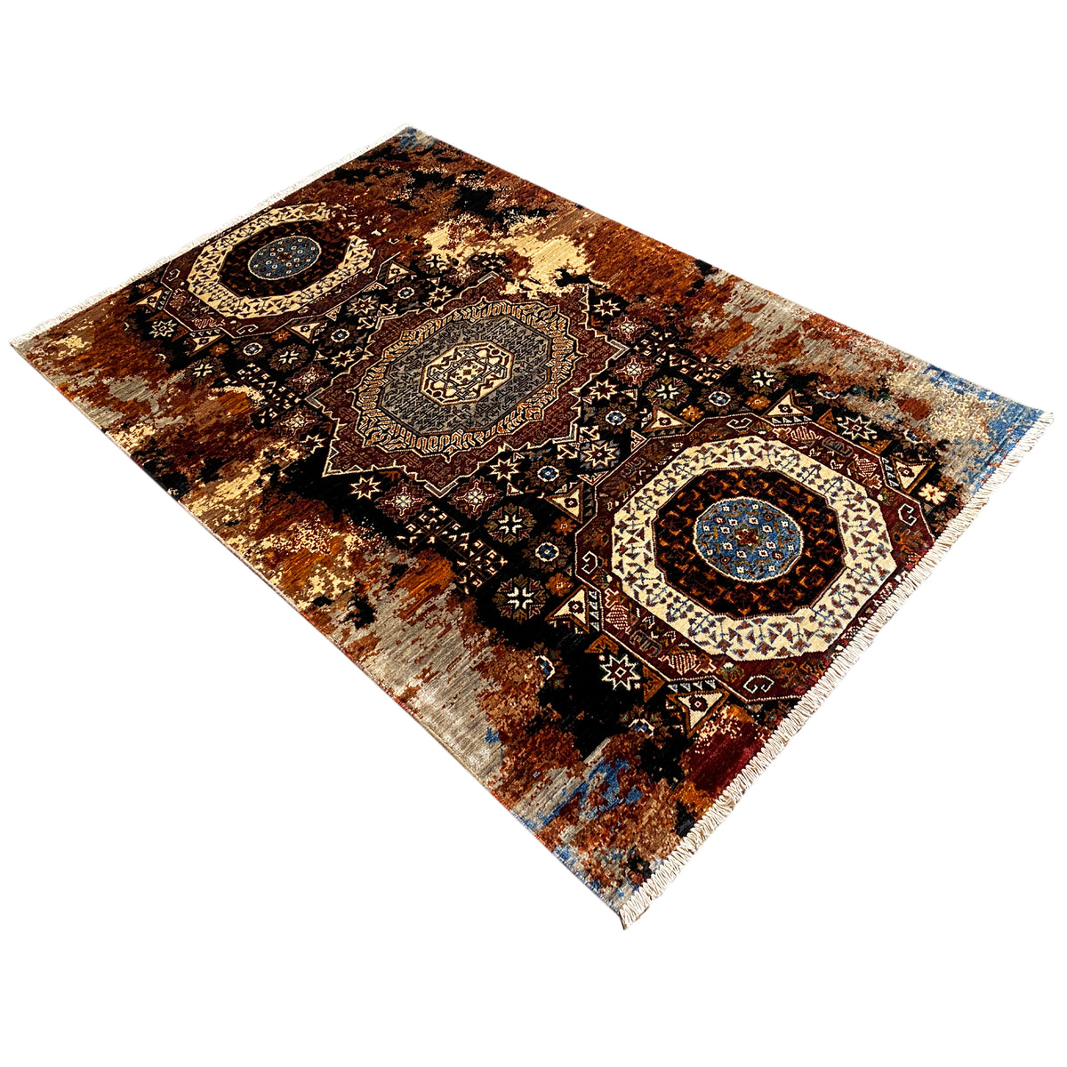Mamluk-tapijt 184x124 cm met ornamenten in bruin, beige en een blauwe cirkel
