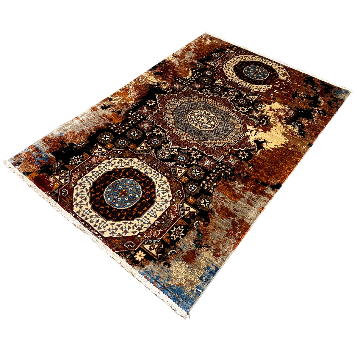 Mamluk-tapijt 184x124 cm met medaillonindeling, donker patroon en blauw accent