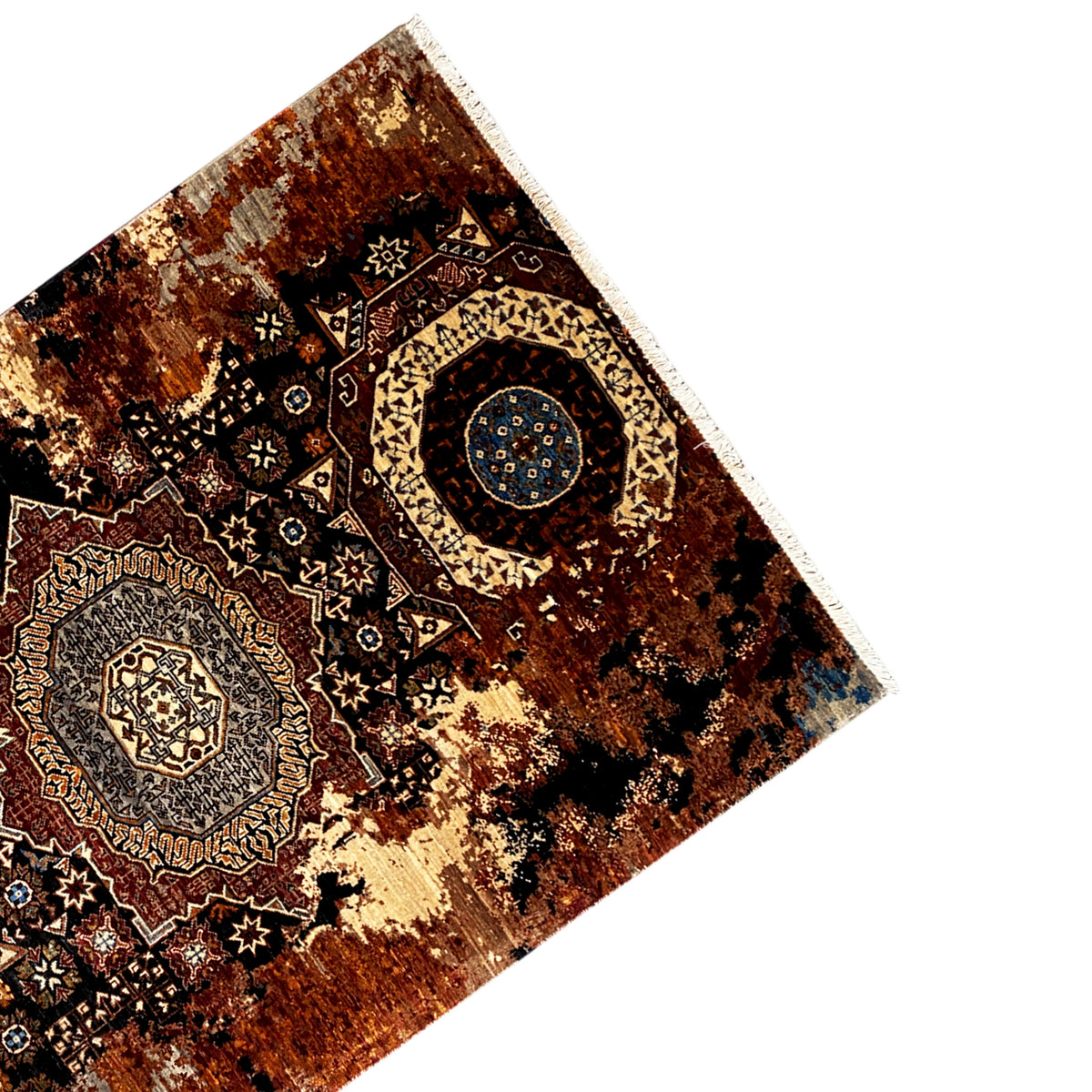 Mamluk-tapijt 184x124 cm, hoek met patroonrand, bruin-beige en blauwe cirkel