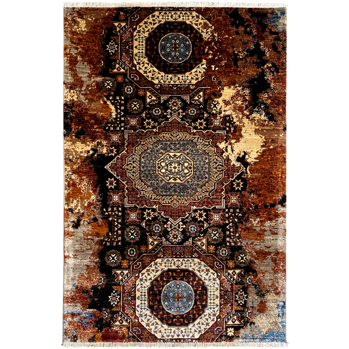 Mamluk-tapijt 184x124 cm met bruin-beige mozaïekpatroon en blauwe medaillons