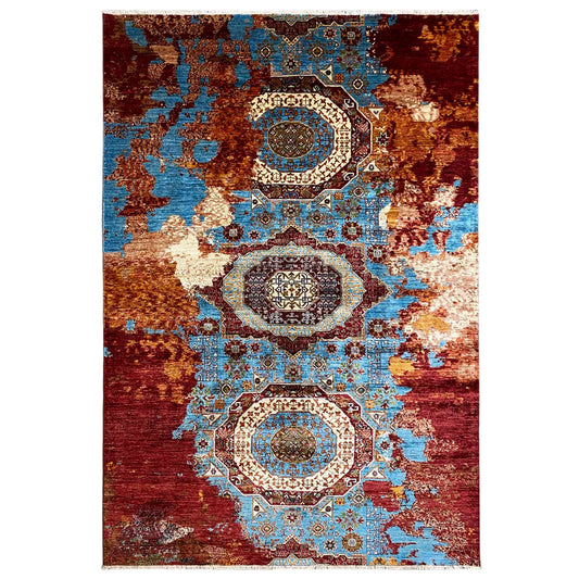 Afghanischer Mamluk Handgeknüpfter Teppich Rot Türkis 293x204 cm - German Carpet Shop