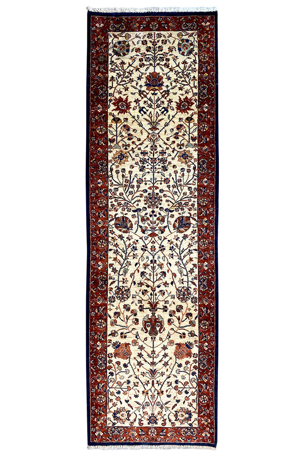 Exclusief Qashqai-tapijt, rechthoekig, crèmekleurig met rood-blauw ornament en sierrand