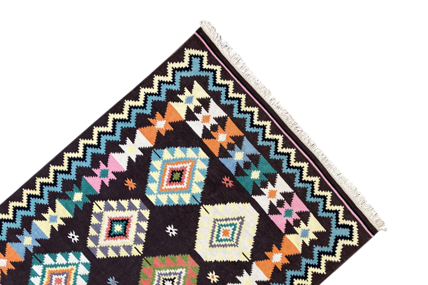 Handgewebter Wollen Kelim Dhurrie Teppich - 240x170cm (8x6ft) - Lebhaftes Tribal-Muster - German Carpet Shop