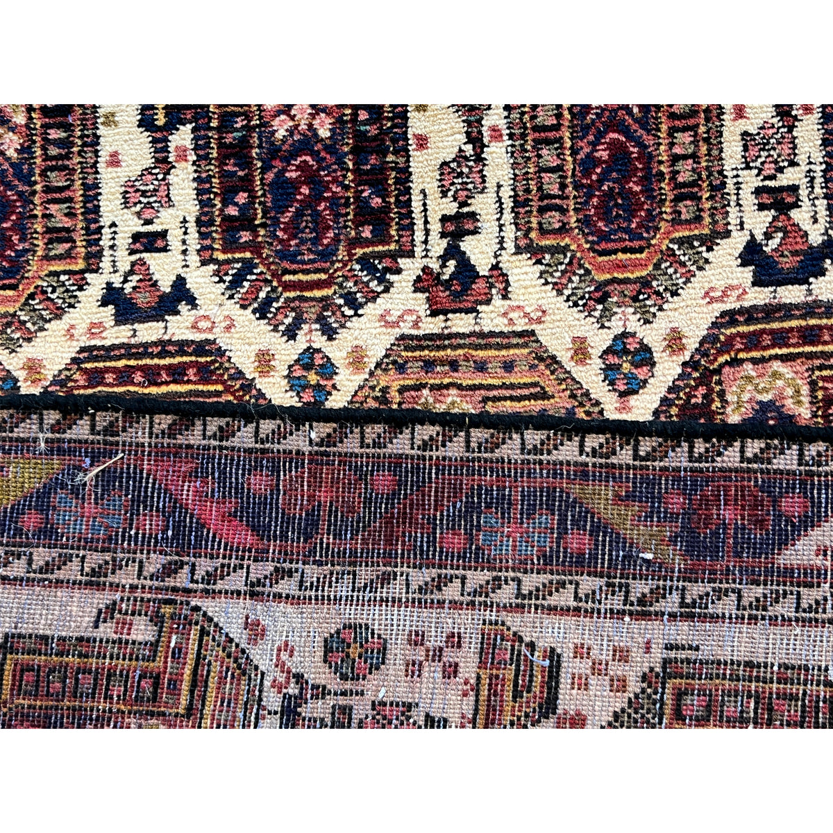Shahre Babak-tapijt (154x105 cm), close-up: rand met fijne ornamenten in blauw en rood