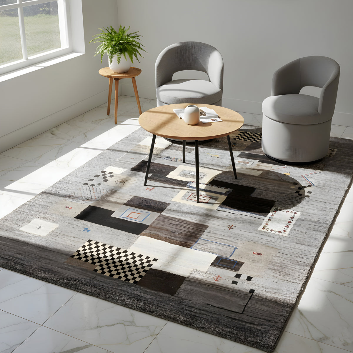 Gabbeh-tapijt 235x171 cm, lichtgrijs met zwarte en beige blokpatronen
