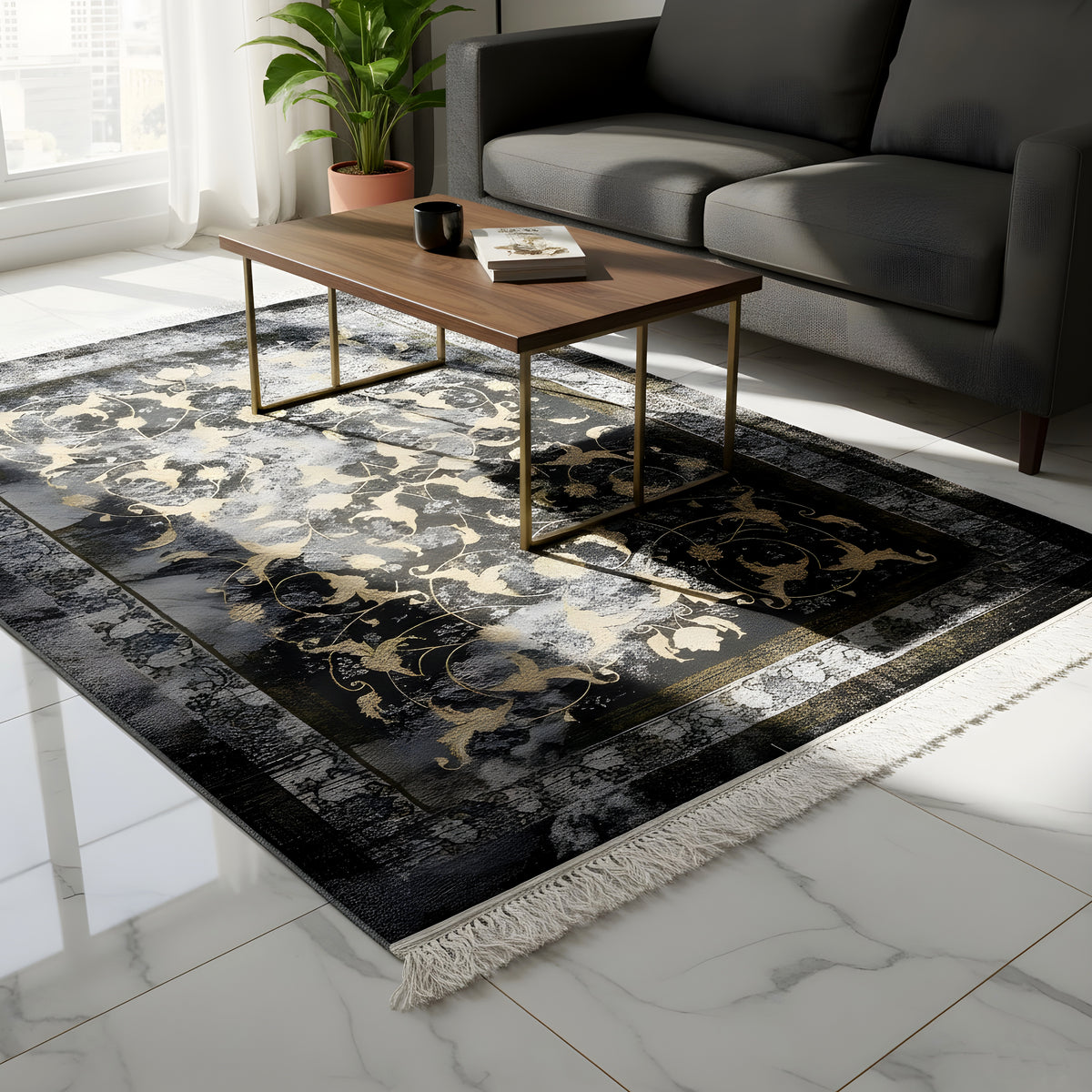 Tapijt 160x230 cm met goudkleurig barokpatroon, donker oppervlak en franjes
