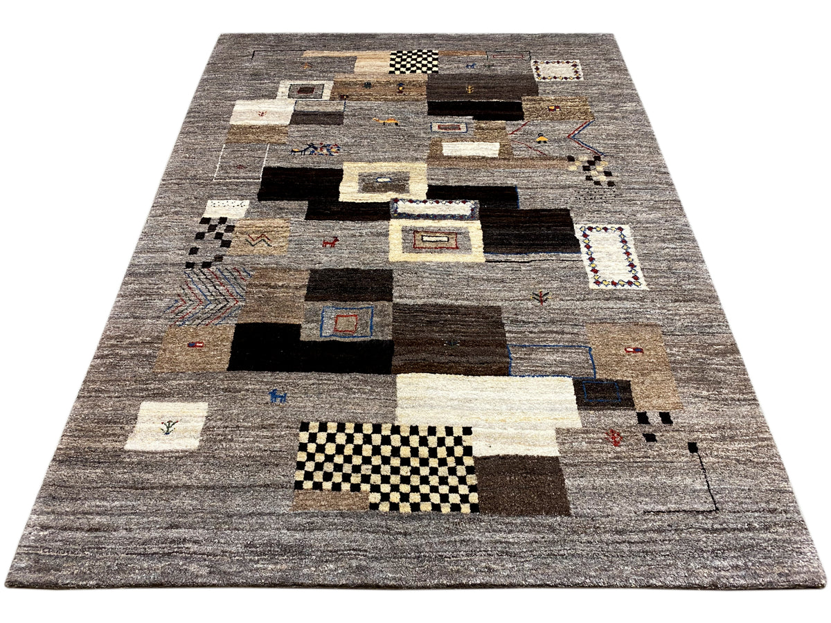 Gabbeh-tapijt 235x171 cm in grijs met contrasterende vierkanten en lijnen