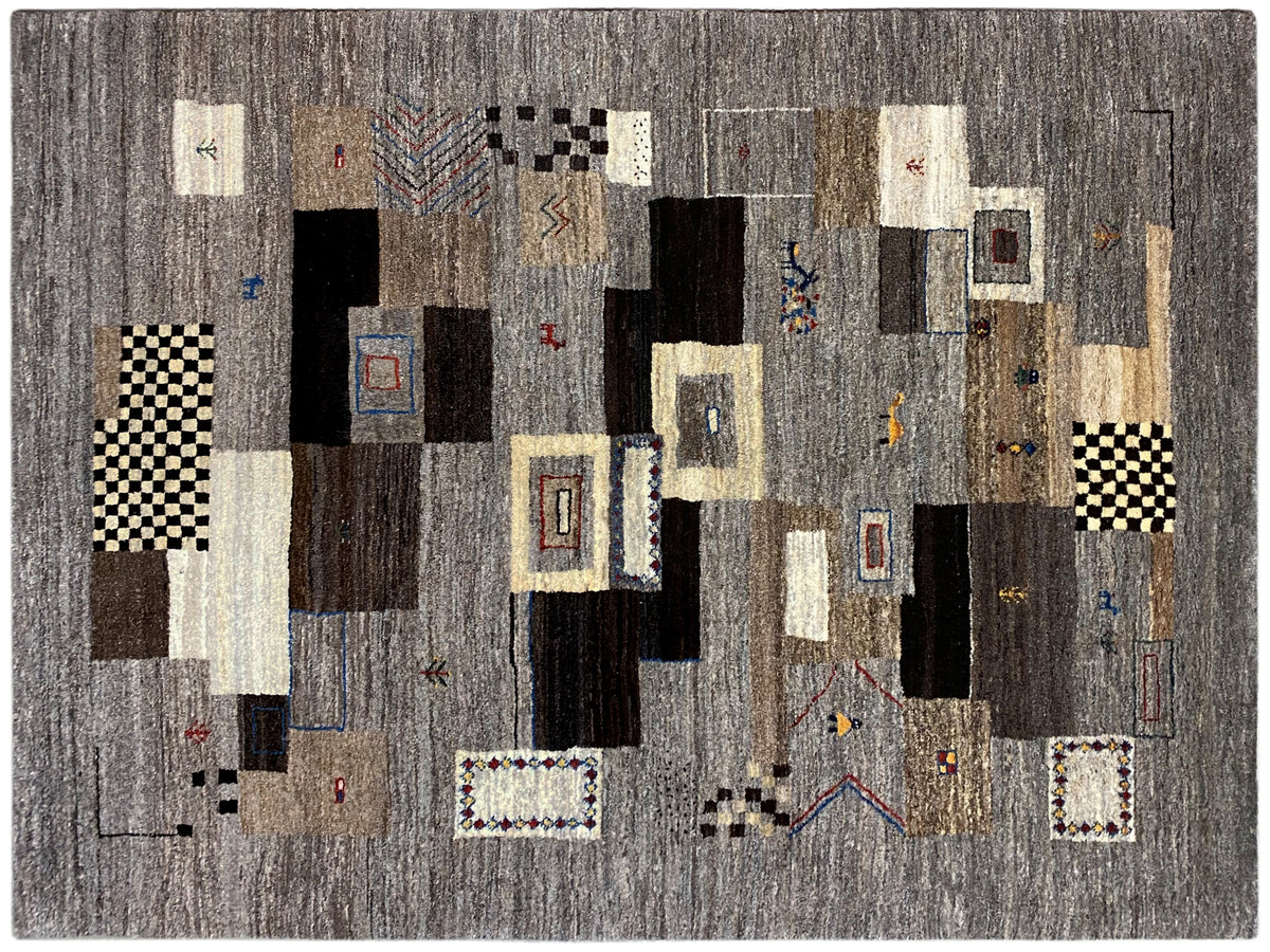 Gabbeh-tapijt 235x171 cm met een grijze basis en kleurrijke accenten in het patroon