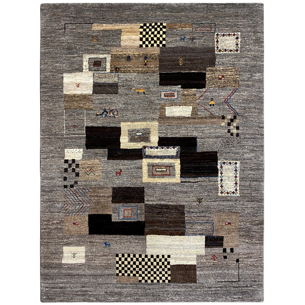 Gabbeh-tapijt 235x171 cm, geometrische vlakken in grijs, zwart en beige