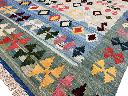 Orient Kelim Teppich blau, langlebige Wolle, traditionelles Qashqai Muster