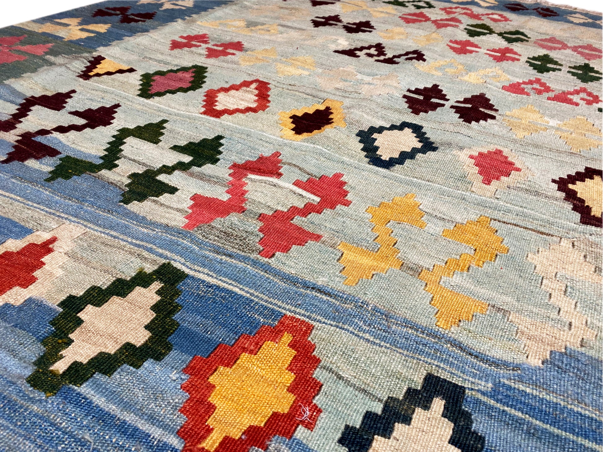 Authentischer Qashqai Kelim Teppich für Wohnzimmer in Blau und Multicolor