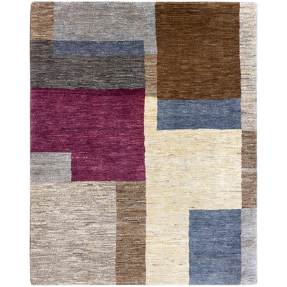 Gabbeh-Teppich mit Patchwork-Design aus grau, braun, bordeaux, creme und blau