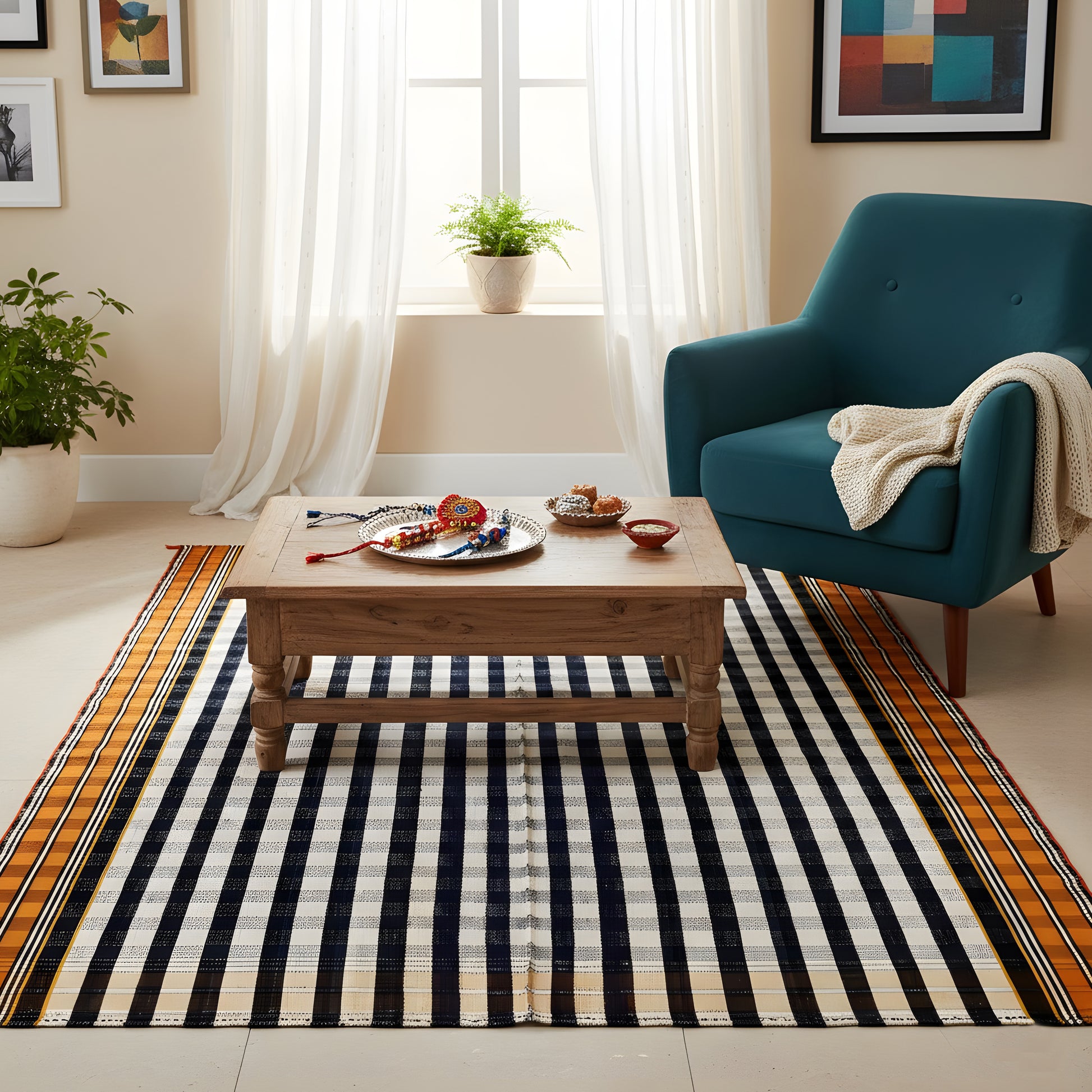 Schlafzimmer Jajim Wollteppich handgewebt im klassischen karierten Design