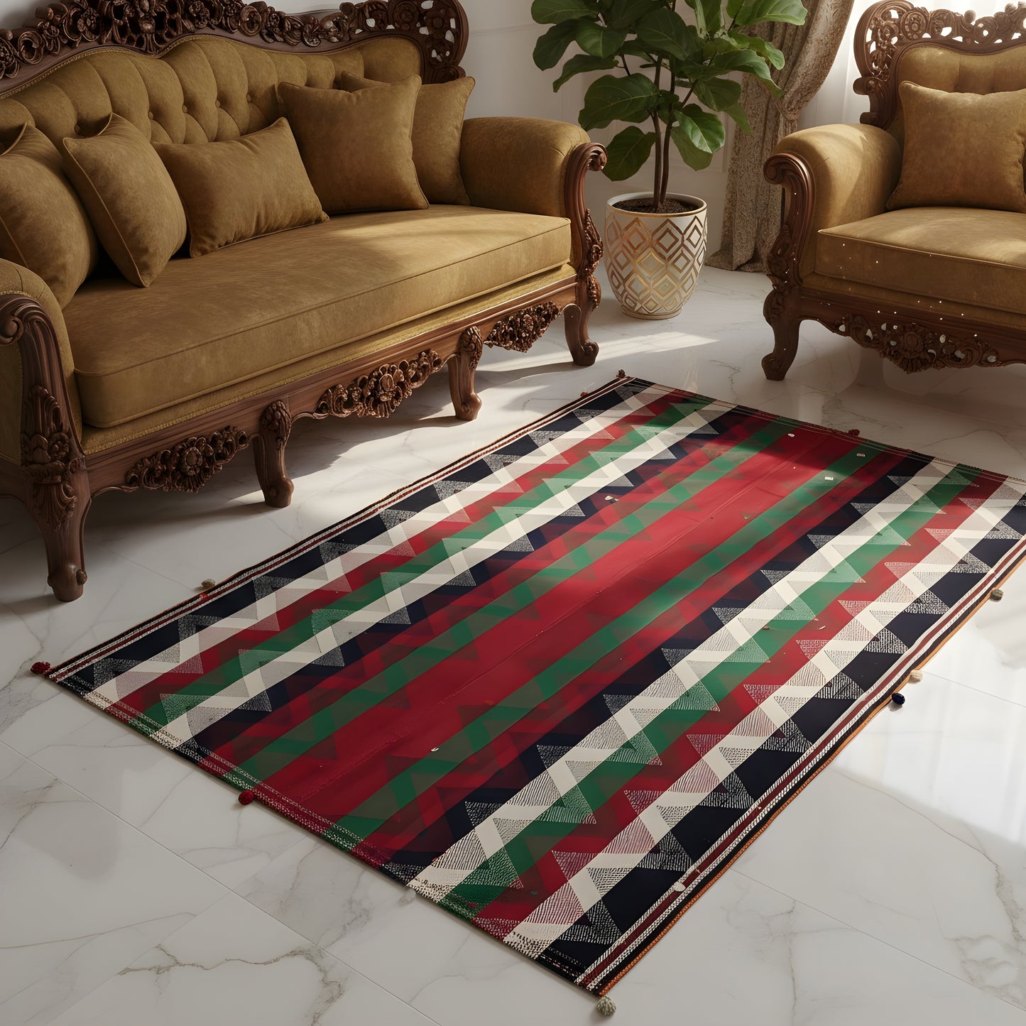 Schlafzimmer farbiger Jajim Wollteppich im traditionellen Boho-Dekor