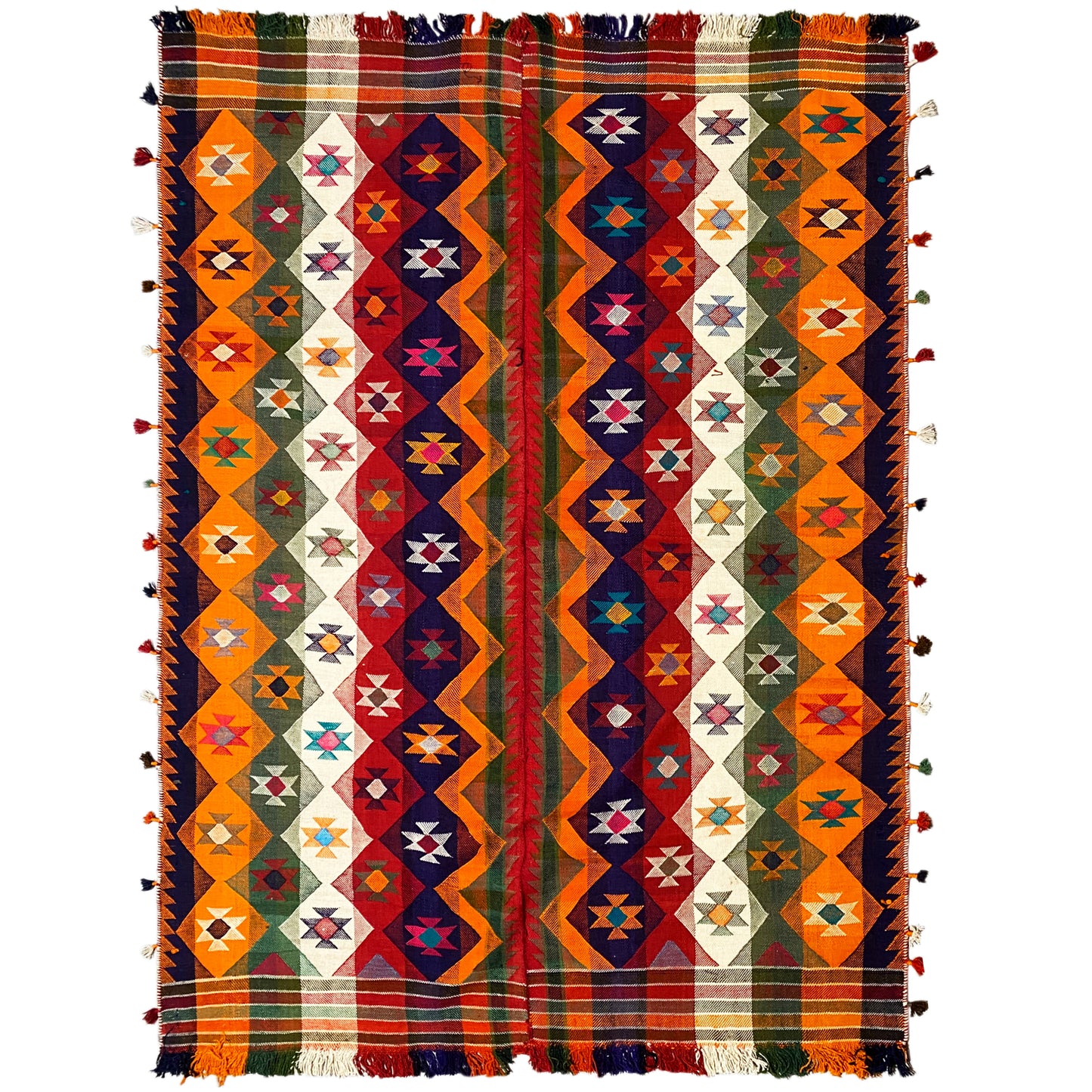 Wohnzimmer bunter Jajim Teppich handgewebt mit geometrischem Rautenmuster