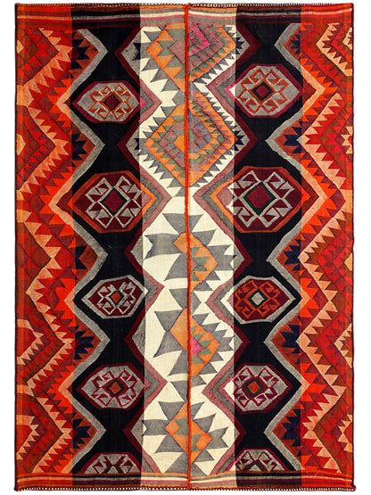 Schlafzimmer traditioneller Jajim Wollteppich bunt mit markanten Ornamentformen