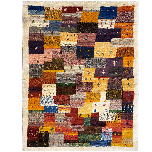 Gabbeh Luri-tapijt 145x105 cm met patchwork-blokpatroon in warme kleuren