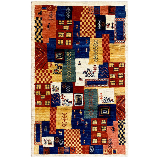 Gabbeh-Luri-tapijt 158x86 cm met patchworkdesign in blauw, rood en oker
