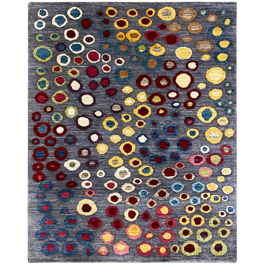 Gabbeh-Luri-tapijt met grijze basis en kleurrijke cirkel- en ovale patronen, 205x147 cm