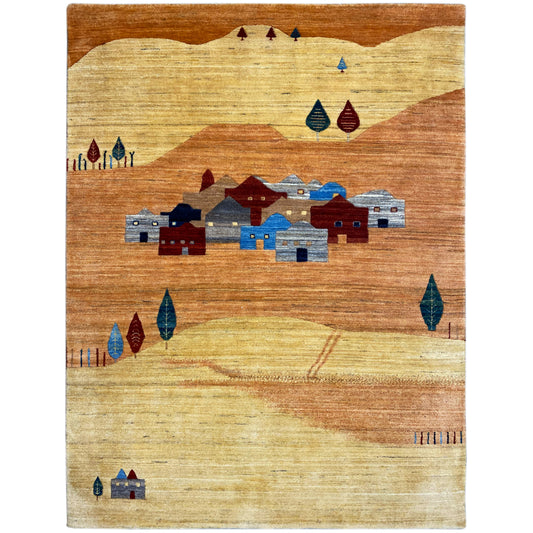 Gabbeh-Luri-tapijt met geometrisch patroon in bruin, beige, blauw en rood, rechthoekig