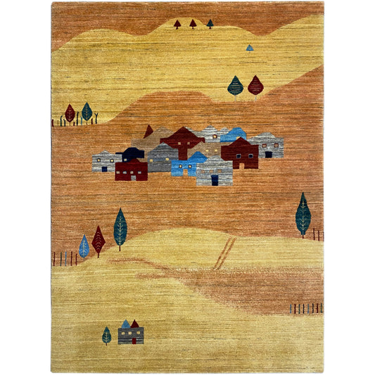 Tapijt met een patroon van huizen en bomen in geel, bruin, blauw en rood