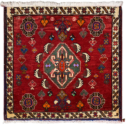 Poshti-tapijt 58x57 cm, rood handgeknoopt tapijt met geometrisch patroon en franjes