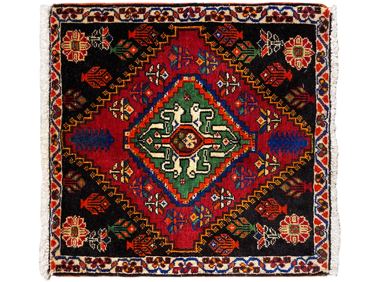 Poshti-tapijt 56x56 cm, vierkant patroon met middenveld in groen en blauw